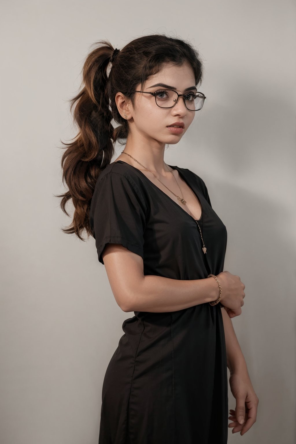 1girl, 25 eye glasses, sexy, spectacles, twin tail ponytail:2, solo, long hair, looking at viewer, shirt, black hair, dress, jewelry, standing, short sleeves, necklace, lips, black shirt, facial mark, own hands together, realistic, fine art parody,Mallu