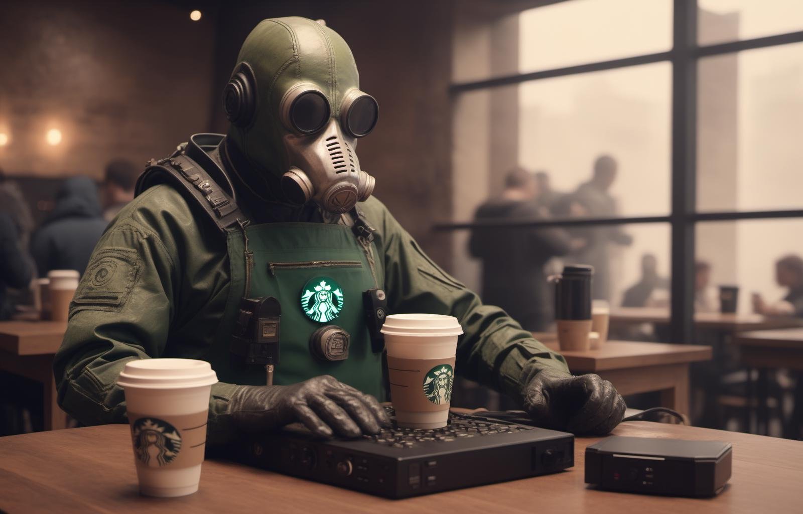 <lora:SDXL Grab-Bag-2 - Gasmask Guys - Trigger is grbtw artstyle:.8> Starbucks coffee, grbtw artstyle