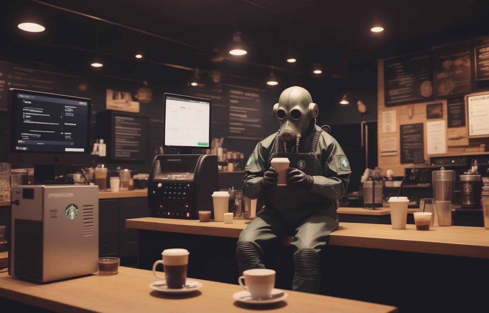 <lora:SDXL Grab-Bag-2 - Gasmask Guys - Trigger is grbtw artstyle:.8> Starbucks coffee, grbtw artstyle