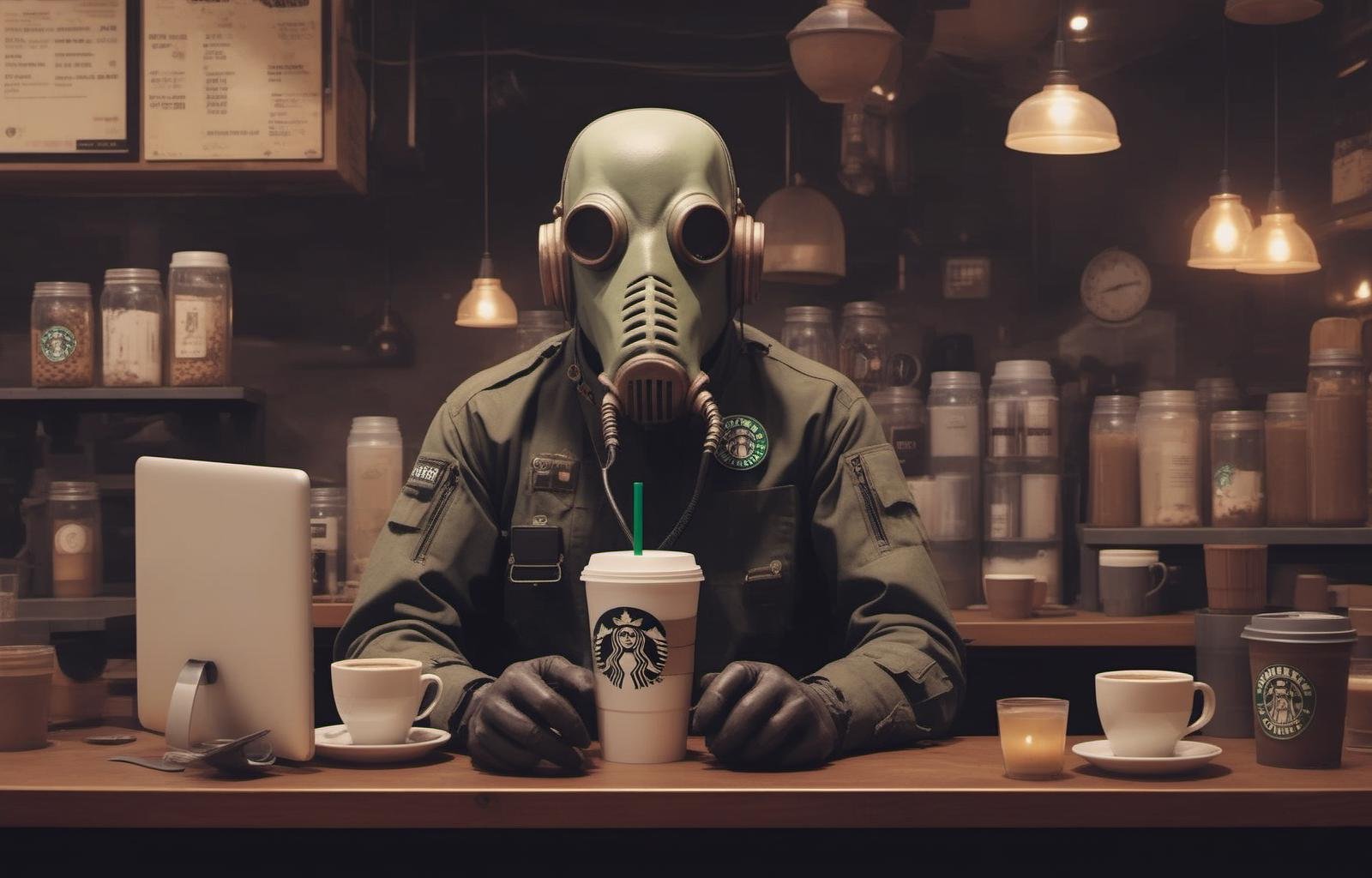 <lora:SDXL Grab-Bag-2 - Gasmask Guys - Trigger is grbtw artstyle:.8> Starbucks coffee, grbtw artstyle