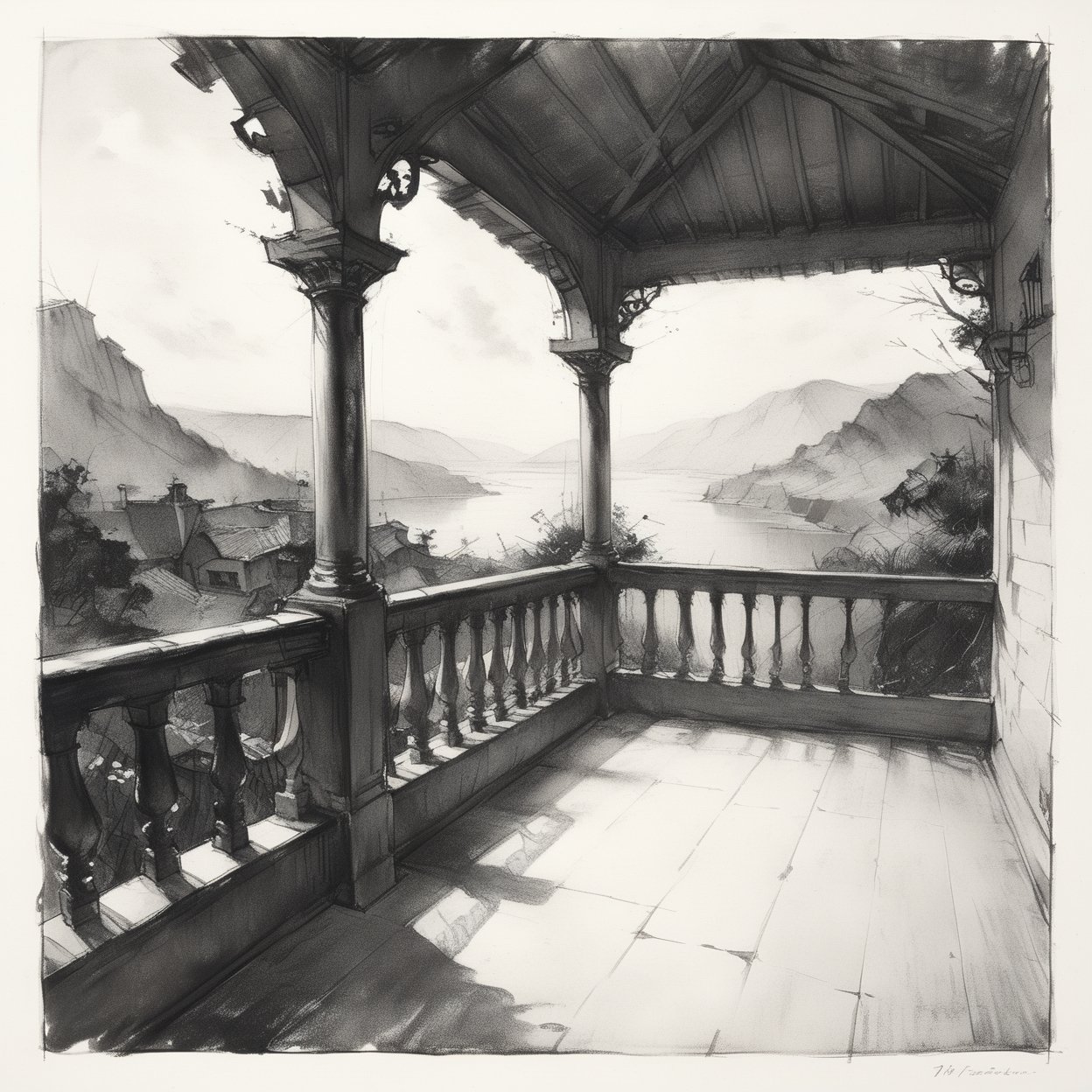 charcoal \(medium\), indoors, no humans, landscape, scenery,
masterpiece, best quality, aesthetic, 