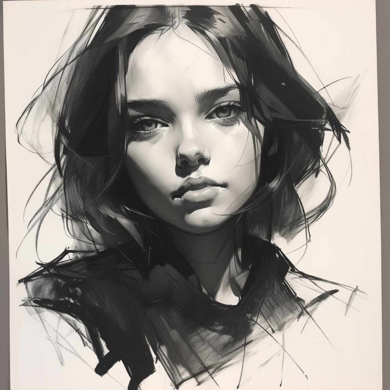 charcoal \(medium\), 1girl, solo, monochrome, greyscale, looking at viewer, portrait, sketch, 
masterpiece, best quality, aesthetic, 