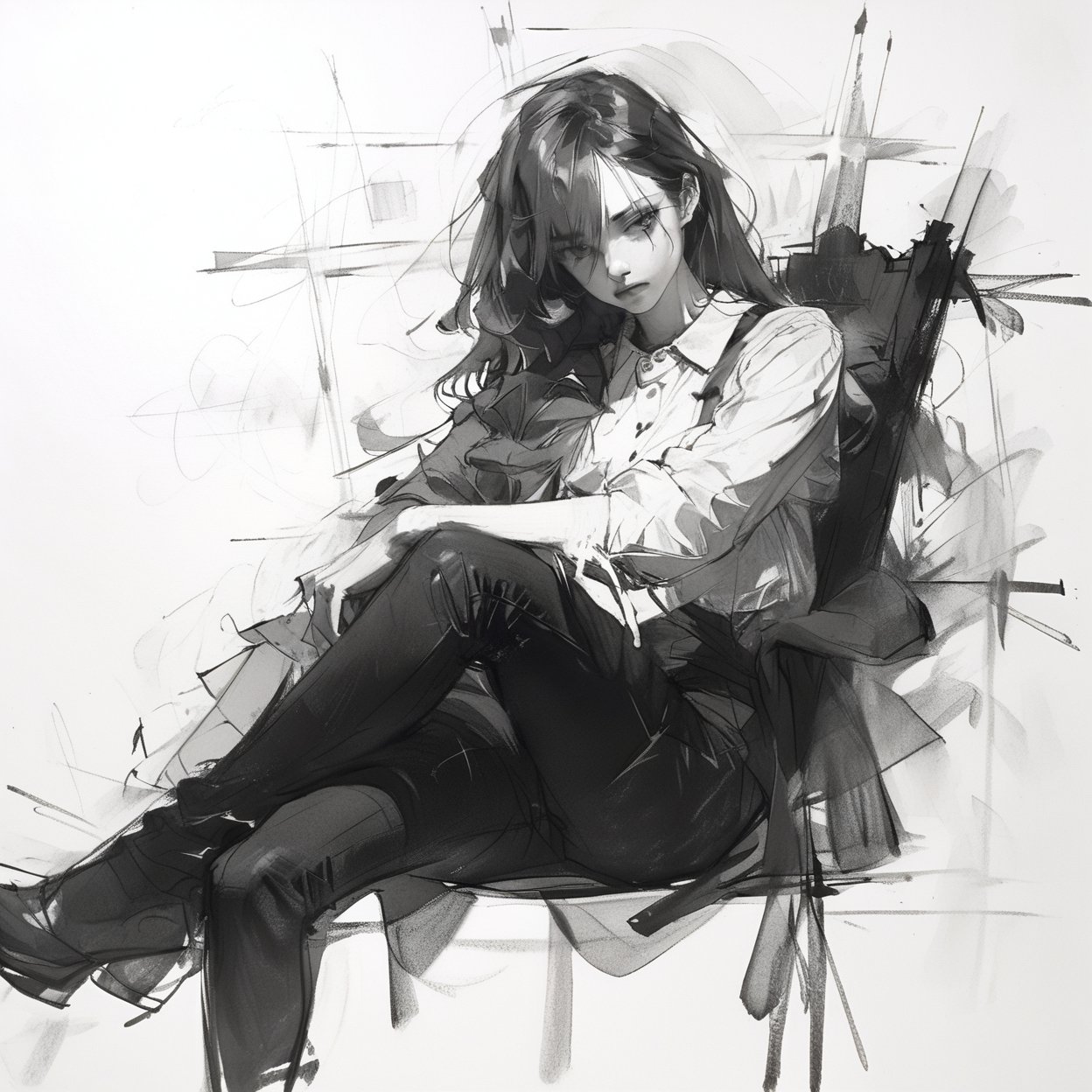 charcoal \(medium\), 1girl, solo, monochrome, greyscale, looking at viewer, sitting, white background, pants, crossed legs,
masterpiece, best quality, aesthetic, 