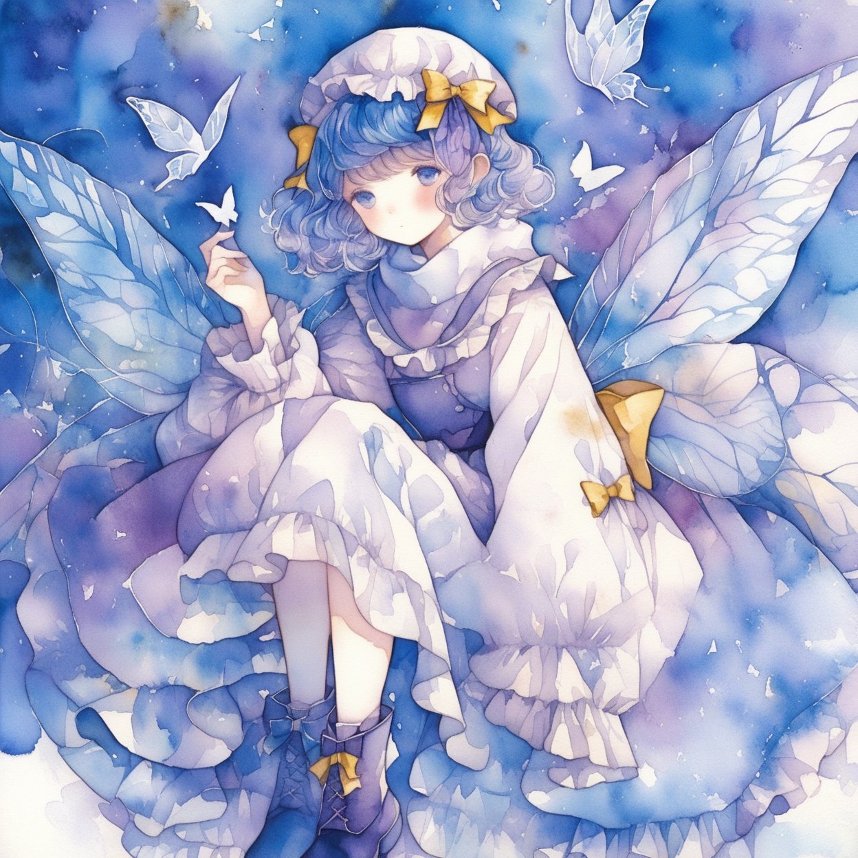 1girl, blue hair, solo, wings, bug, butterfly, blue eyes, hat, painting (medium), dress, long sleeves, blush, boots, frilled sleeves, frills, bow, short hair, ice, mob cap, cross-laced footwear, cirno, wide sleeves, bangs, ice wings, butterfly wings, blue bow, white dress, yellow bow, white headwear, sleeves past wrists, medium hair, fairy, frilled dress, hand up, full body, scarf, blue dress, black footwear, fairy wings, wavy hair, ribbon, crystal, lace-up boots, expressionless, long dress, sitting, hair bow, hat bow, blue butterfly, closed mouth, sleeves past fingers, floating ,
masterpiece, best quality, aesthetic, ,watercolor \(medium\)
