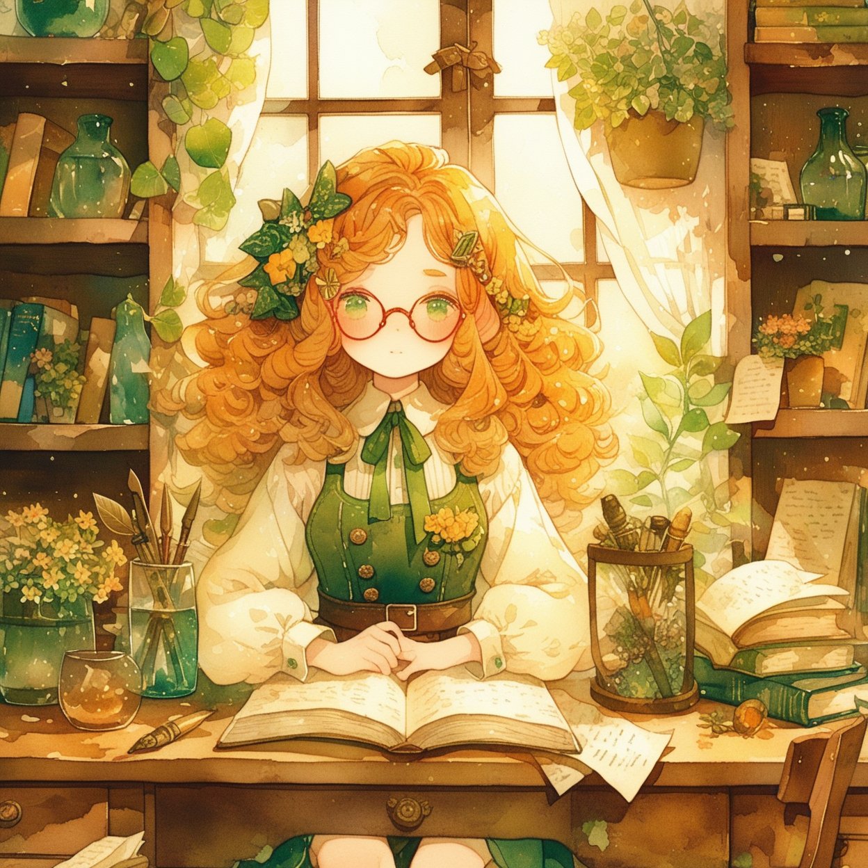 1girl, window, solo, plant, book, green eyes, indoors, curtains, long hair, paper, glasses, long sleeves, hair ornament, potted plant, green ribbon, flower, blush, ribbon, book stack, orange hair, shirt, looking at viewer, sitting, neck ribbon, dress, shelf, curly hair, white shirt, bookshelf, holding, jar, open book, jewelry, closed mouth, earrings, round eyewear, leaf, bangs, hair flower, note, pen, sunlight, light particles, red-framed eyewear, wavy hair, desk, collared shirt, leaf hair ornament, bottle, day, drawer, green dress, brown-framed eyewear, vial, quill, upper body, vines, test tube, scissors, frown, mushroom, lamp, flower pot, headphones, freckles, belt, pinafore dress, inkwell, flask, ivy, table, holding book, apron, red hair, chair, orange flower, cup, cabinet, bow, green theme, bookmark, white flower, expressionless, puffy sleeves, bug, light frown, clock, dutch angle, buttons, cactus, transparent, box, yellow flower, open window, :|, swept bangs, windowsill, thick eyebrows ,
masterpiece, best quality, aesthetic, ,watercolor \(medium\)
