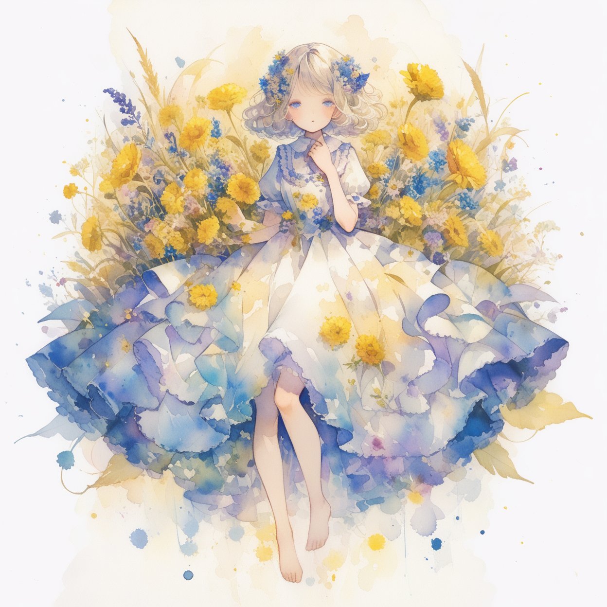 1girl, solo, barefoot, dress, flower, full body, blue eyes, short sleeves, blonde hair, open mouth, looking at viewer, hair flower, hair ornament, blush, medium hair, bangs, :o, long hair, blue dress, frills, puffy sleeves, white dress, frilled dress, white hair, holding, puffy short sleeves, short hair, standing, hand up, abstract, yellow flower, parted lips, lying, white background, swept bangs, wavy hair  ,
masterpiece, best quality, aesthetic, ,watercolor \(medium\)