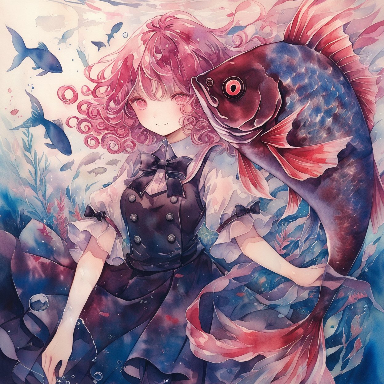 1girl, solo, fish, looking at viewer, bow, pink hair, pink eyes, shirt, dress, bangs, bowtie, smile, white shirt, closed mouth, white background, black dress, short sleeves, black bow, cowboy shot, painting (medium), short hair, buttons, own hands together, medium hair, black bowtie, skirt, curly hair, bubble, blush, simple background, animal, school uniform, puffy sleeves, sleeves rolled up, chain, red eyes, ribbon, hair ornament, goldfish, black skirt, puffy short sleeves, air bubble, wavy hair, collared shirt, water, liquid hair, hair between eyes, long hair, glowing, vest, underwater, standing  ,
masterpiece, best quality, aesthetic, ,watercolor \(medium\)