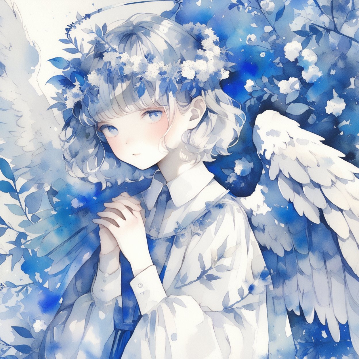 1girl, solo, wings, blue eyes, flower, dress, short hair, feathered wings, blush, looking at viewer, long sleeves, head wreath, bangs, own hands together, white background, leaf, white hair, collared dress, painting (medium), white flower, hair flower, upper body, angel wings, plant, simple background, white dress, puffy sleeves, hair ornament, blue dress, grey hair, pale color, blue wings, angel, puffy long sleeves, expressionless, frills, cowboy shot, blue theme, bob cut, closed mouth, hands up, blue flower, blunt bangs, halo, parted lips  ,
masterpiece, best quality, aesthetic, ,watercolor \(medium\)