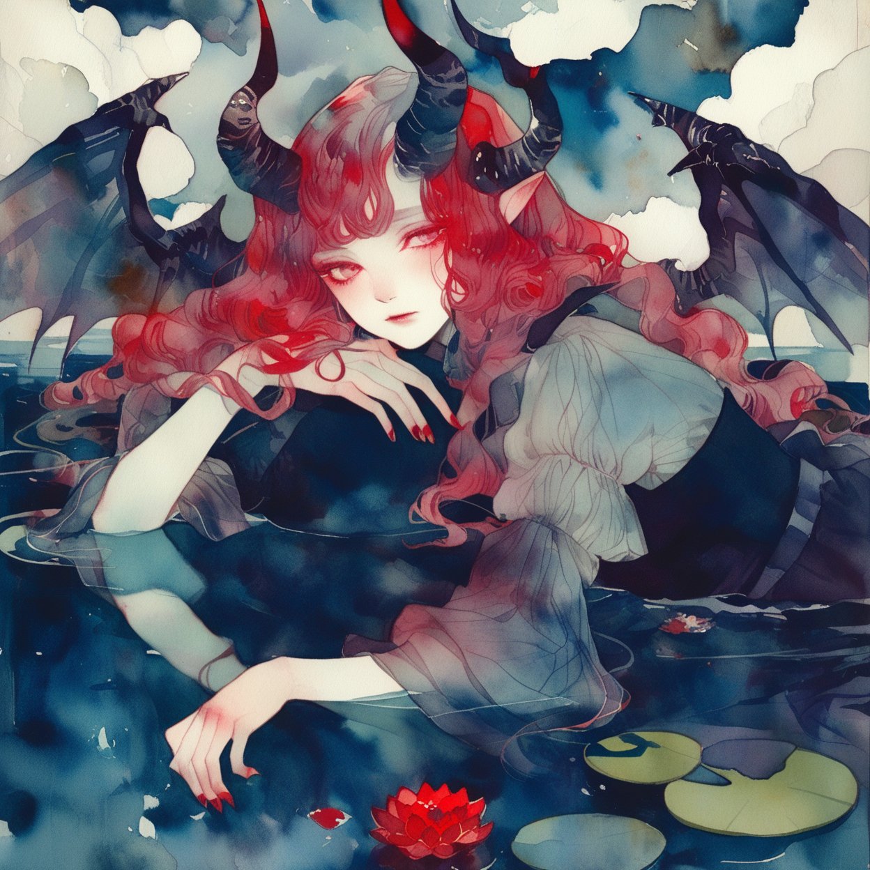 1girl, horns, solo, wings, demon tail, tail, long hair, lily pad, pointy ears, demon wings, demon girl, demon horns, water, arm belt, partially submerged, looking at viewer, flower, dress, red nails, red eyes, red hair, nail polish, lying, parted lips, fingernails, puffy sleeves, painting (medium), wavy hair, long sleeves, pink hair, heterochromia, bangs, black dress, petals, red lips, short sleeves, on side, long fingernails, pink flower, blue dress, eyelashes, half-closed eyes, pink nails, sharp fingernails, black wings, lips, pink eyes, head rest, ripples, juliet sleeves, blue eyes, upper body, expressionless, makeup, closed mouth, curled horns, sleeves past elbows, lotus, grey eyes, blush, puffy short sleeves, frills, low wings ,
masterpiece, best quality, aesthetic, ,watercolor \(medium\)