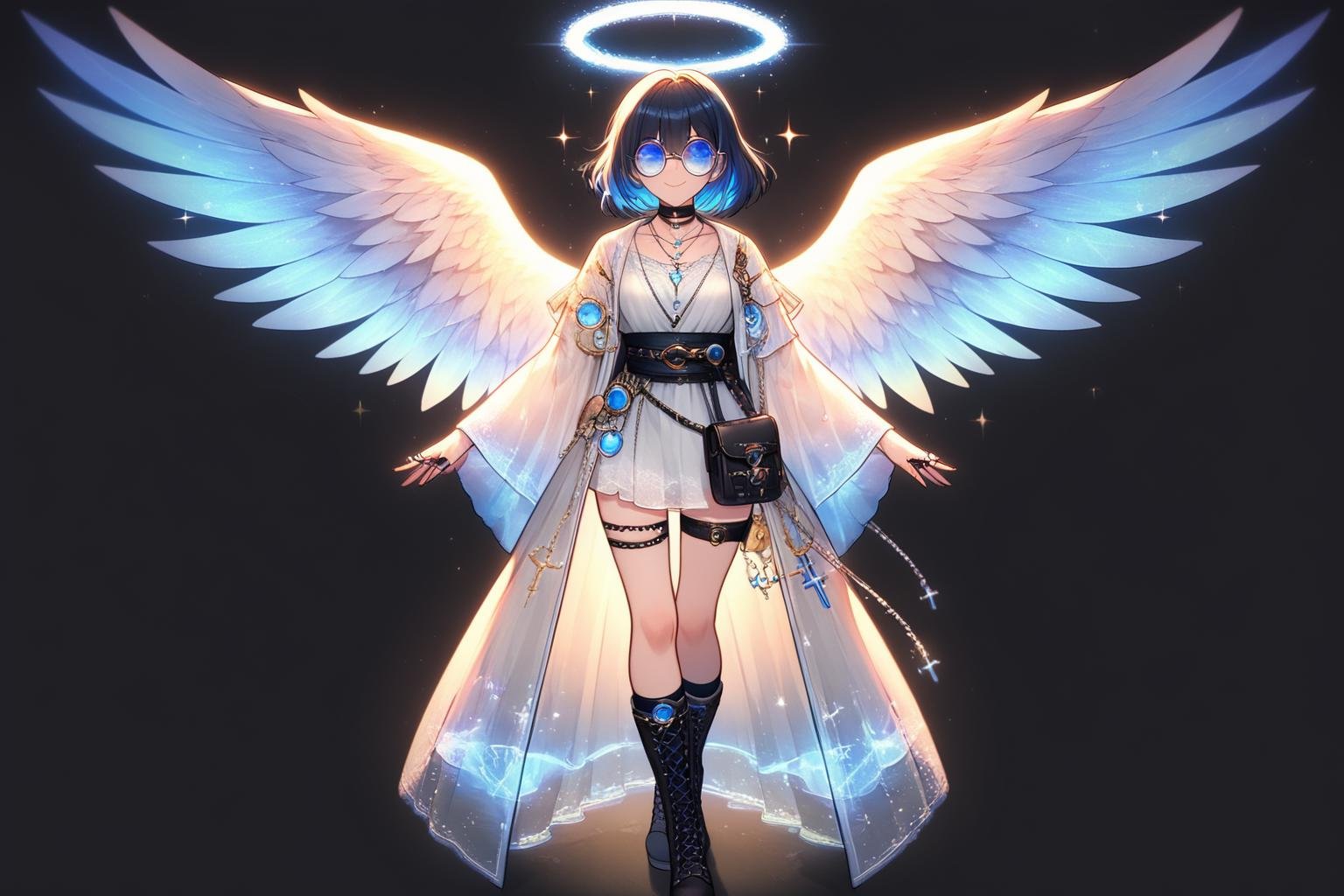 score_9, score_8_up, score_7_up,AngelStyle, 1girl, solo, looking at viewer, smile, short hair, bangs, blue eyes, simple background, black hair, long sleeves, dress, jewelry, closed mouth, blue hair, standing, collarbone, full body, multicolored hair, boots, open clothes, glasses, choker, socks, wide sleeves, necklace, bag, black footwear, white dress, see-through, sash, sparkle, thigh strap, glowing, black choker, sunglasses, ring, black background, black socks, cross-laced footwear,  blue footwear, pouch, glint, round eyewear, angel, lace-up boots, tinted eyewear, straight-on, multiple rings, blue-tinted eyewear, <lora:AngelStyle:0.5>, <lora:add-detail-xl:0.8>