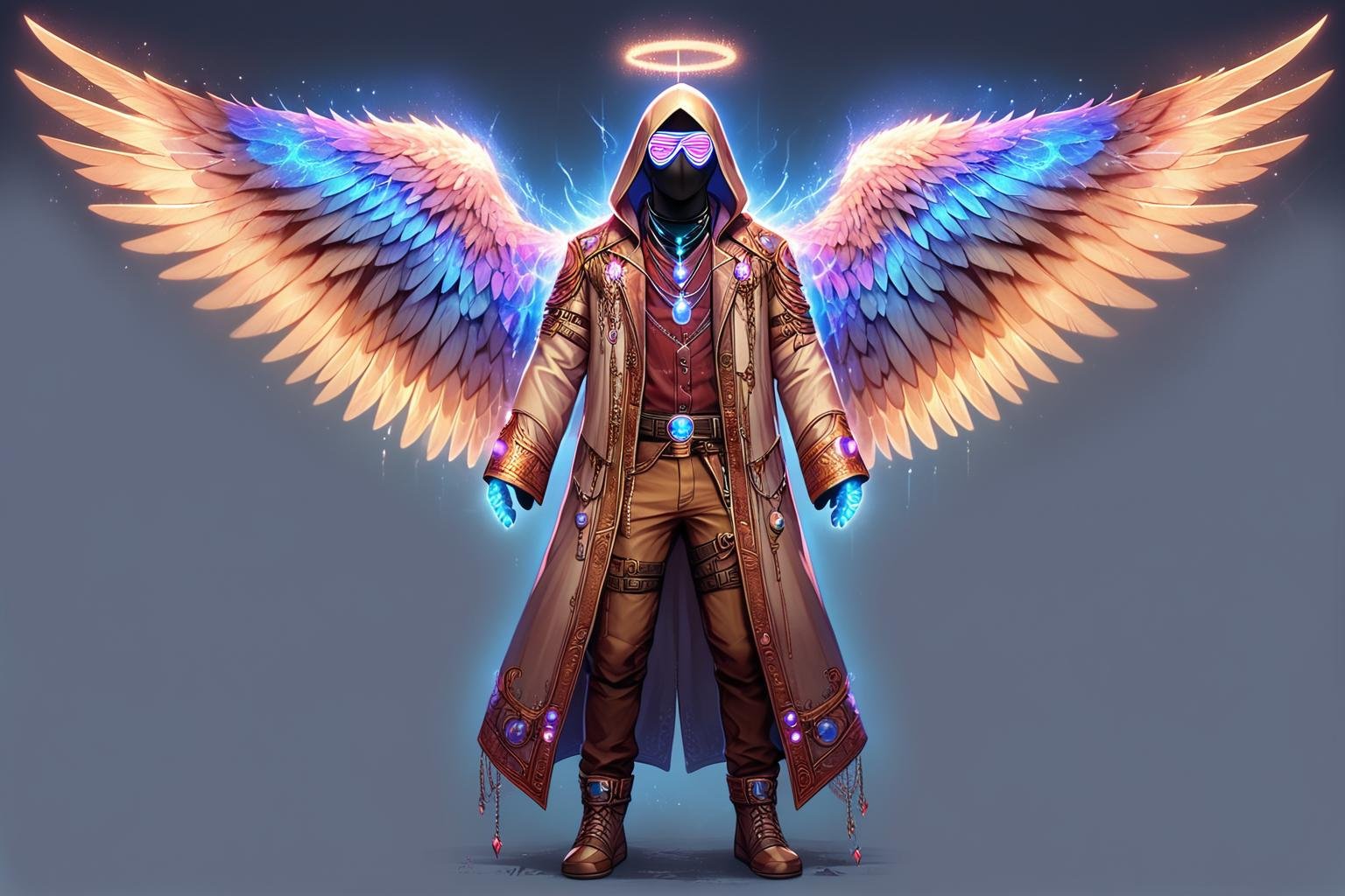 score_9, score_8_up, score_7_up,AngelStyle, solo, long sleeves, 1boy,detailed universe backround, jewelry, standing, full body, male focus, belt, pants, hood, necklace, coat, sleeves past wrists, mask, gem, feathered wings, facing viewer, 1other, sleeves past fingers, hood up, brown pants, glowing wings,blue and pink themed,detailed hands in dark gloves, <lora:AngelStyle:0.6>