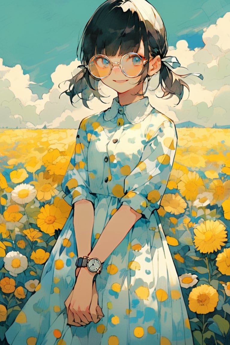 dal-6, 1girl, solo, looking at viewer, smile, short hair, blue eyes, black hair, long sleeves, dress, twintails, standing, hair ribbon, flower, outdoors, cowboy shot, parted lips, sky, glasses, day, blunt bangs, white dress, blue sky, buttons, blue background, white flower, own hands together, short twintails, round eyewear, watch, yellow flower, collared dress, wristwatch, field, flower field, sleeves past elbows
