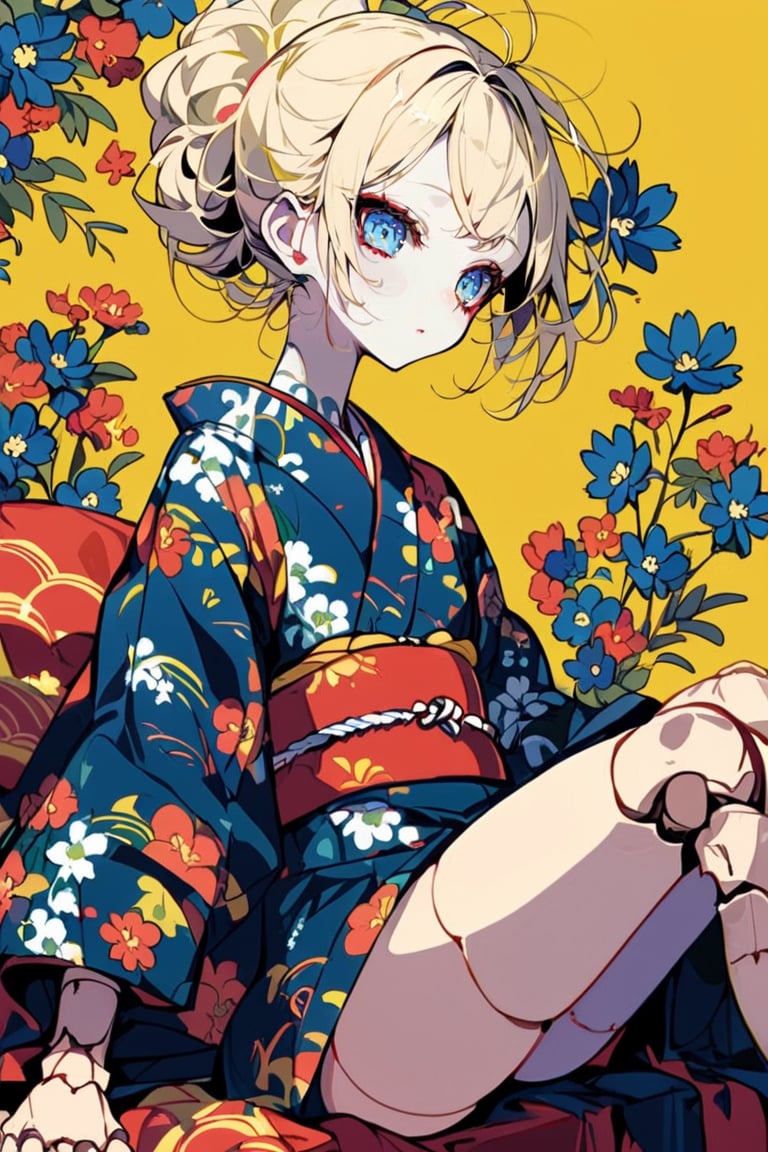 dal-6, 1girl, solo, blonde hair, sitting, flower, japanese clothes, kimono, sash, floral print, obi, yellow background, pale skin, blue kimono, joints, doll joints
