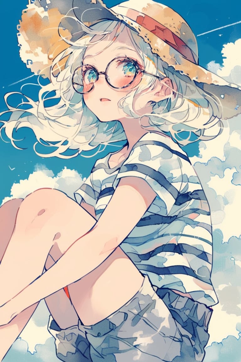 dal-6, 1girl, solo, long hair, looking at viewer, blush, open mouth, blue eyes, shirt, hat, sitting, white shirt, white hair, short sleeves, outdoors, parted lips, sky, shorts, glasses, day, medium hair, cloud, striped clothes, from side, blue sky, feet out of frame, floating hair, wavy hair, knees up, blue shorts, black-framed eyewear, round eyewear, sun hat, striped shirt, straw hat, grey shorts, contrail
