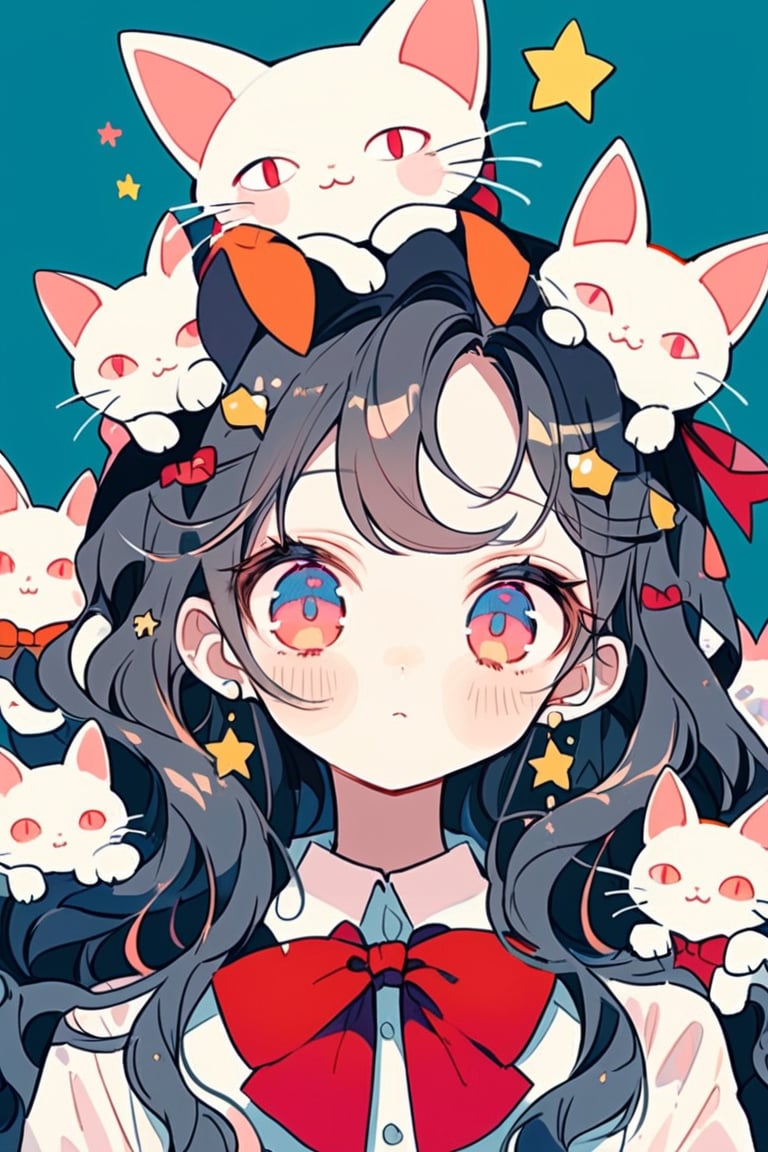 dal-6 style, 1girl, solo, long hair, looking at viewer, blush, black hair, hair ornament, red eyes, bow, animal ears, ribbon, closed mouth, very long hair, upper body, hair bow, bowtie, cat ears, pink eyes, star (symbol), red bow, eyelashes, expressionless, animal, wavy hair, cat, red bowtie, curly hair, star hair ornament, on head, animal on head, too many, white cat, cat on head
