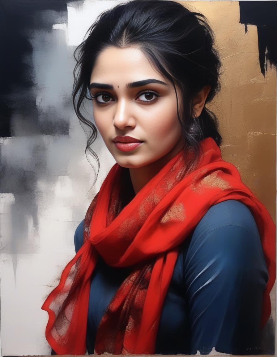 KrithiShetty,<lora:KrithiShettySDXL:1>breathtaking portrait of a gorgeous girl, sultry, red scarf, dark gold and black, gossamer fabrics, jagged edges, eye-catching detail, insanely intricate, vibrant light and shadow , beauty, paintings on panel, textured background, captivating, stencil art, style of oil painting, modern ink, watercolor , brush strokes, negative white space
