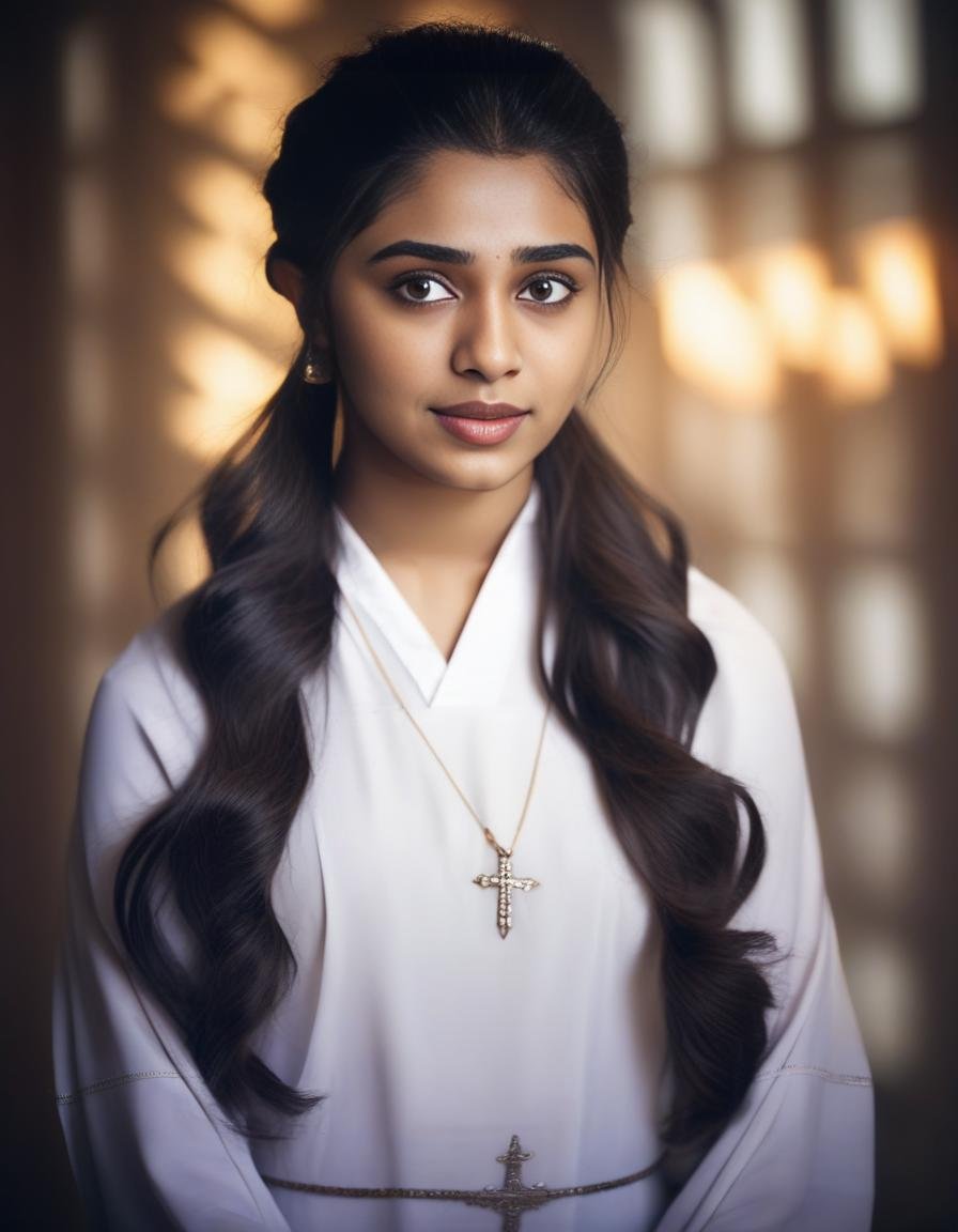 KrithiShetty,Beautiful young woman, nun, holy, spiritual,  sharp focus, intricate details, vibrant, bokeh, focus on eyes, volumetric lighting, dynamic shadows and highlights, muted colors, shot with Hasselblad, long exposure, shallow depth of field<lora:KrithiShettySDXL:1>