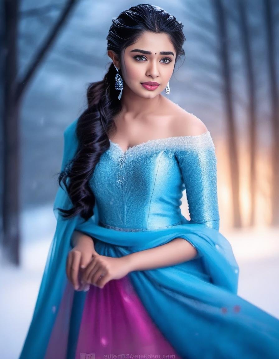 KrithiShetty,is portrayed as the iconic Elsa from Disney's Live series in this stunning  portrait that captures her beauty and grace in a snowy environment. ,<lora:KrithiShettySDXL:1>