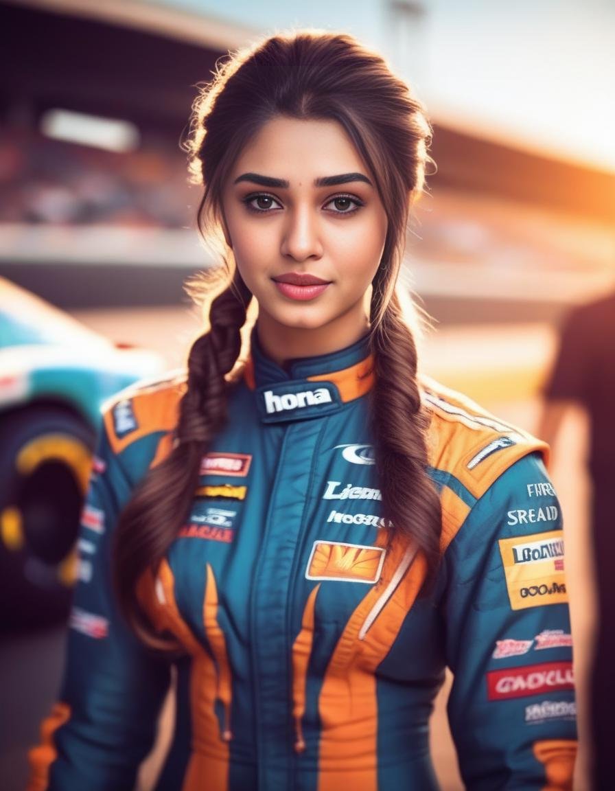 KrithiShetty,<lora:KrithiShettySDXL:1> perfect anime illustration, 1girl, braided hair, medium hair, medium breasts, sidehair, racecar driver, ((firesuit, race track, car)), nascar, f1, indycar, (outdoors, speedway, track), standing next to a racing vehicle, hand on hip, good posture, looking at viewer. created by Artgerm, volumetric lighting, 8k, hdr, holga, 300mm lens f3. 5, aesthetic, unsharpened