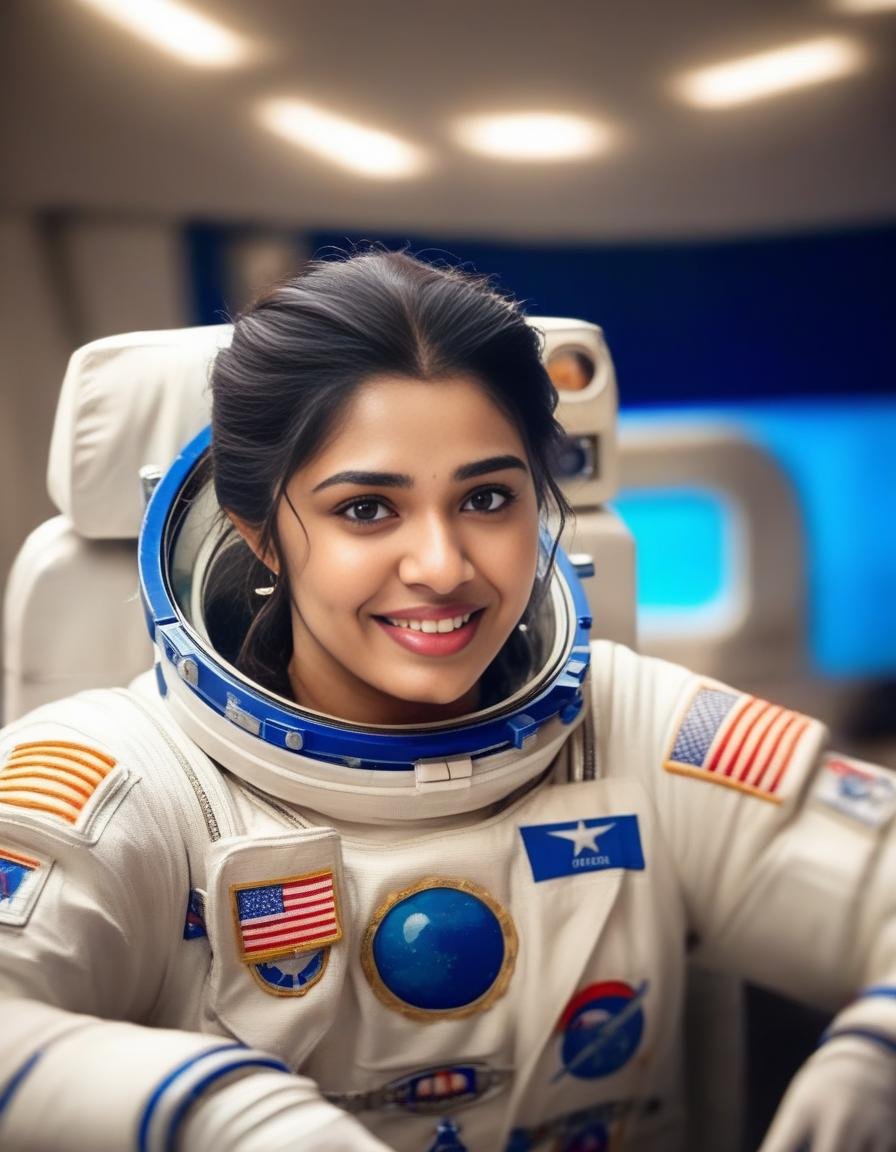 KrithiShetty,<lora:KrithiShettySDXL:1>,photo,detailed background, stunning beauty, high quality photo, perfect composition, perfect details and textures, highly detailed, front view, looking at camera, perfect lighting, with an astronaut suit in the space station