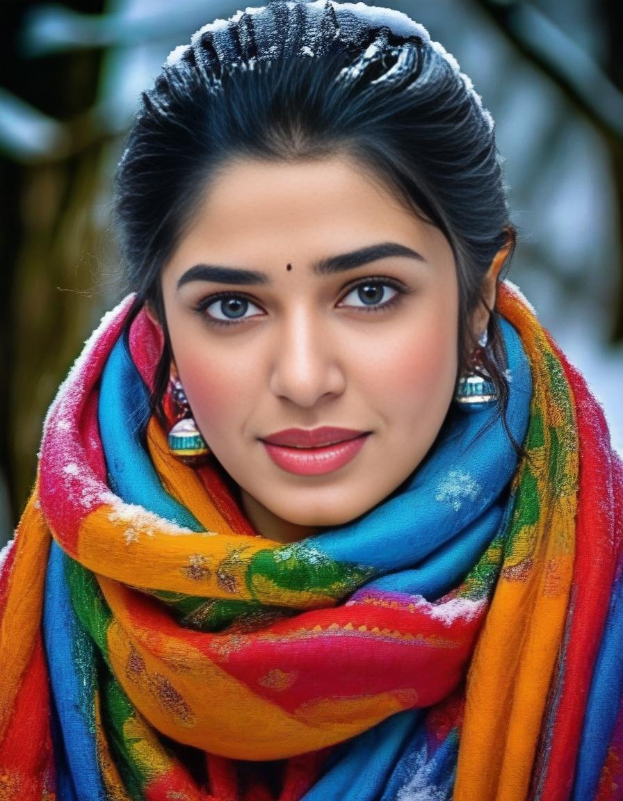 KrithiShetty,<lora:KrithiShettySDXL:1>HDR photo of close-up of a woman wrapped in a brightly colored heavy scarf,  perfect eyes, luscious full lips, light makeup, rosy cheeks, heavy snow . High dynamic range, vivid, rich details, clear shadows and highlights, realistic, intense, enhanced contrast, highly detailed