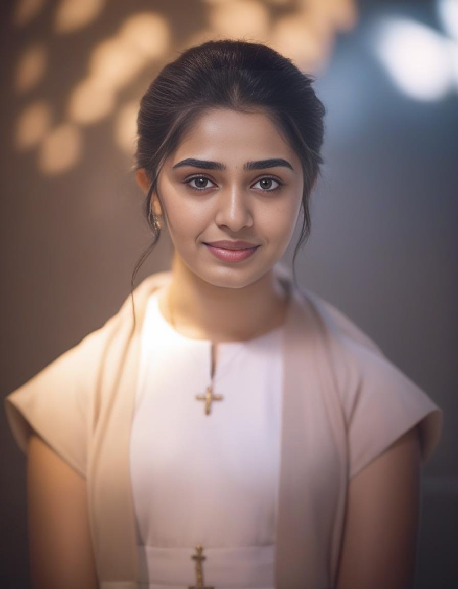 KrithiShetty,Beautiful young woman, nun, holy, spiritual,  sharp focus, intricate details, vibrant, bokeh, focus on eyes, volumetric lighting, dynamic shadows and highlights, muted colors, shot with Hasselblad, long exposure, shallow depth of field<lora:KrithiShettySDXL:1>