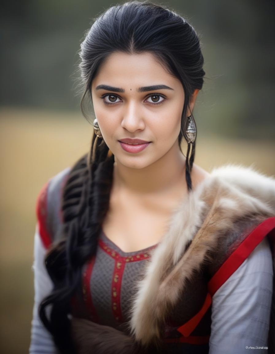 KrithiShetty,<lora:KrithiShettySDXL:1>,photo of a gorgeous woman), (professional photography), (scenic background), ((as a viking warrior woman)), ((close-up)), masterpiece, best quality, (eye contact), (looking at the viewer), centred, (shot from front), blurred_background, proportional