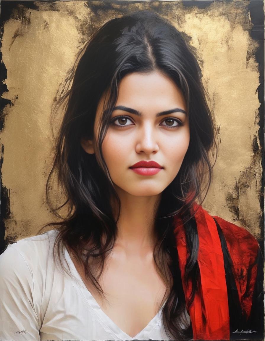 AparnaDas,<lora:AparnaDasSDXL:1>breathtaking portrait of a gorgeous girl, sultry, red scarf, dark gold and black, gossamer fabrics, jagged edges, eye-catching detail, insanely intricate, vibrant light and shadow , beauty, paintings on panel, textured background, captivating, stencil art, style of oil painting, modern ink, watercolor , brush strokes, negative white space