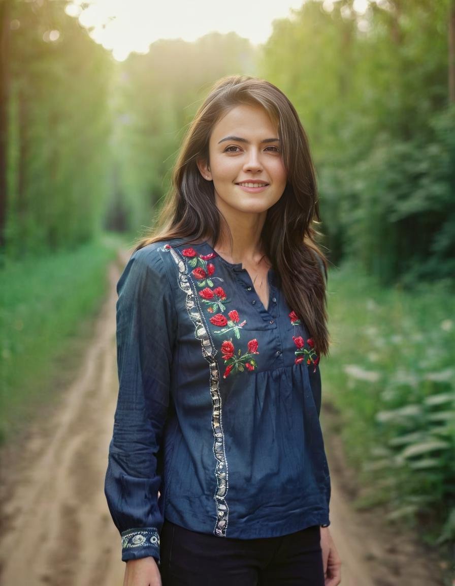 AparnaDas,<lora:AparnaDasSDXL:1>cinematic photo happy woman, long layered haircut, brunette hair, long sleeve blouse with embroidered stripes, standing on an old dirt road leading into a forest . 35mm photograph, film, bokeh, professional, 4k, highly detailed