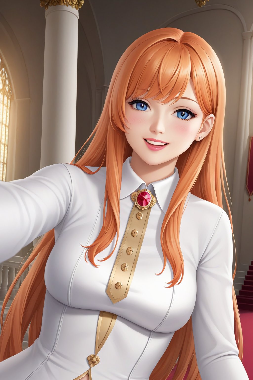 Pretty and charming girl. She wears a very elegant noblewoman oufit. She is a very cute girl. Hyperdetailing masterpiece, hyperdetailing skin, masterpiece quality, with 4k resolution. Charming smile. long hair, himecut hairstyle, orange hair. Mansion in background. She belongs to the nobility. tender and charming smile.,masterpiece