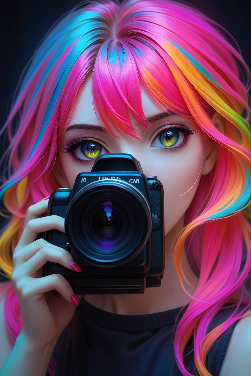 A mysteriously alluring photographer with vibrant, rainbow-colored hair holds a video camera, exuding a sense of depth and intrigue. The monochromatic color scheme only serves to emphasize the neon tones of the hair, adding a dynamic contrast to the scene. This digital painting expertly crafted with intricate digital brush strokes and vector graphics immerses viewers in a world where modern technology meets artistic expression. The portrait pops with neon hues, showcasing the photographer's creativity and passion in a visually captivating way.