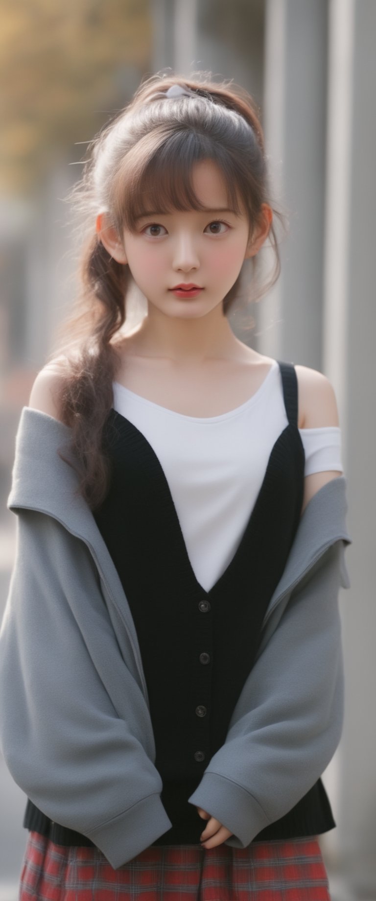 Masterpiece, highest quality, high brightness, 1 girl, beautiful Korean 18yo girl, idol face, gorgeous girl, big eyes, beautiful korean girl, garter strap, white hair, hair ornament, plaid skirt, white camisole, miniskirt, white shirt, mid black jacket, plaid ribbon, (hood up): 1.2), long sleeves , off-shoulder, chibi, cute,ZGirl,1girl,masterpiece
, ct-fujiii