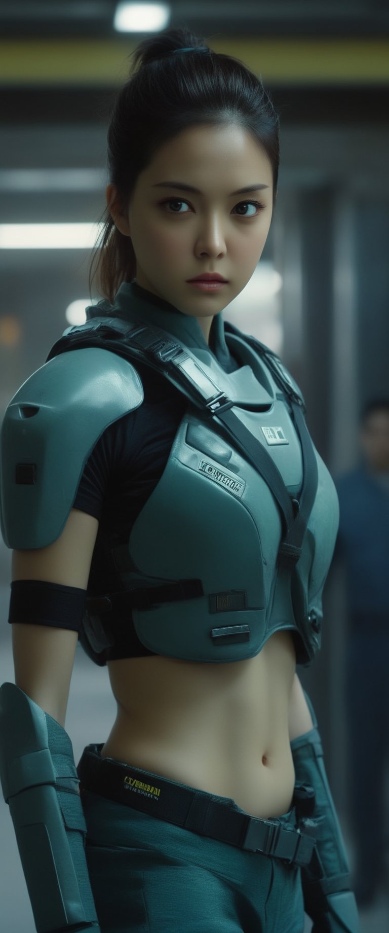 1 young and beautiful girl:1.2)), absurdres, (8k, best quality, masterpiece:1.2), professional photography, dramatic light, (finely detailed face:1.2),(((,, female,official, portrait, modern station  cyberpolice fighter, top quality, highly detailed, intricate, realistic, indoors, Bold Turquoise Silver Green Chartreuse, solarpunk, Crew Cut, Bruneian, masterpiece, Finest details, 8K, HD, HDR, Death Squad, , cowboy shot, perfect face, gorgeous eyes,sooyaaa,cinematic  moviemaker style,ct-jeniiii, ct-fujiii