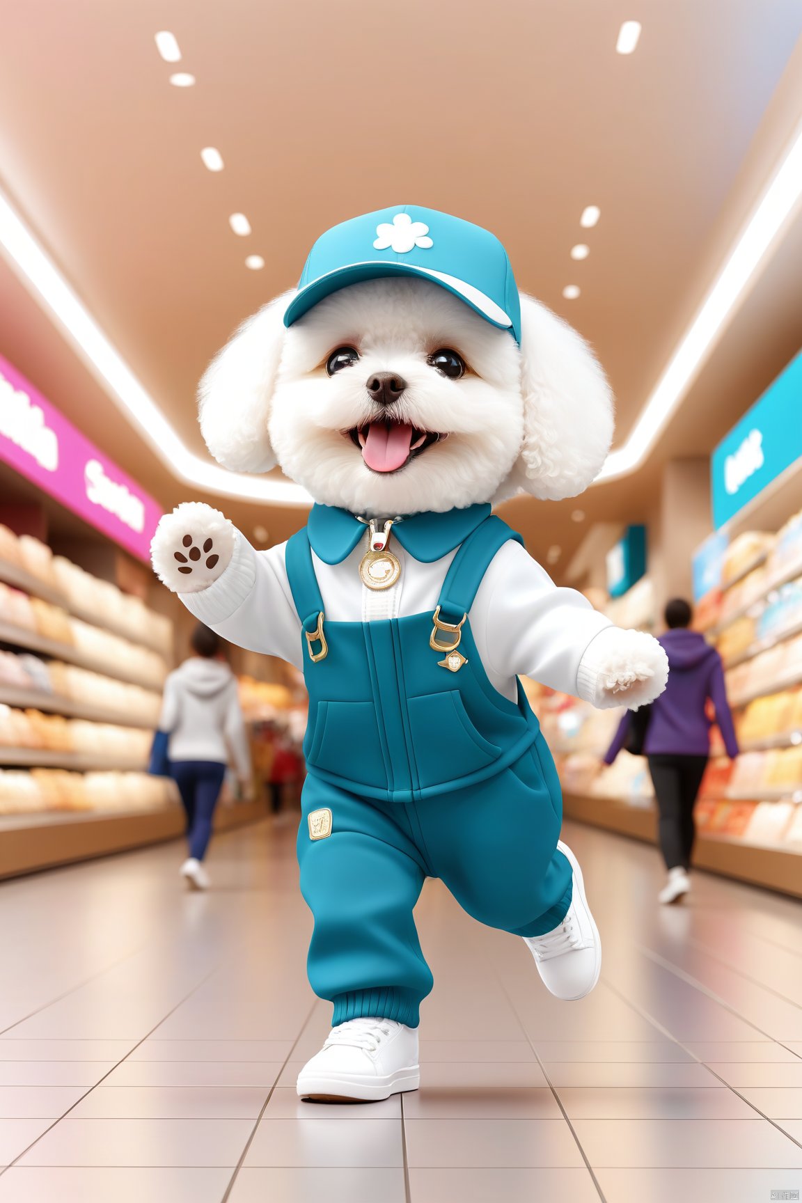  (chibi:1.5), a cute little Bichon Frise (anthropomorphic) wearing stylish clothes ( clothe and hat, athleisure pants,white shoes) runing in a shopping mall, facing the camera and smiling, Happy bouncing,outstretched arms, hyperdetailed intricately detailed, fantastical, intricate detail, complementary colours, fantasy, concept art, 8k resolution, maomika