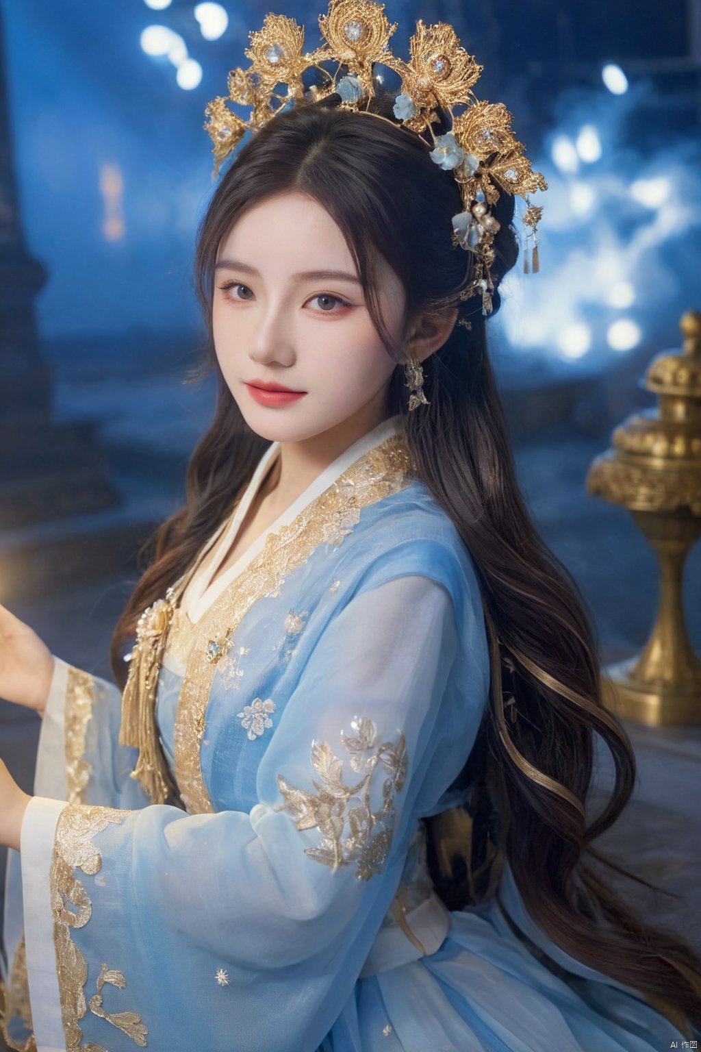  HUBG_Rococo_Style(loanword), 1girl, hanfu, Portrait of noble and graceful goddess, dressed in blue and gold, elaborate coiffure hairstyle, dark hair, decoration, 16K, UHD, HDR, Brilliant scene with bright lights, mist, numerous decorations, joyful atmosphere, light smile,HDR, IMAX, 8K resolutions, ultra resolutions, magnificent, best quality, masterpiece,cinematic scenes, cinematic shots, cinematic lighting, volumetric lighting, ultra-detailed, hubg_beauty_girl