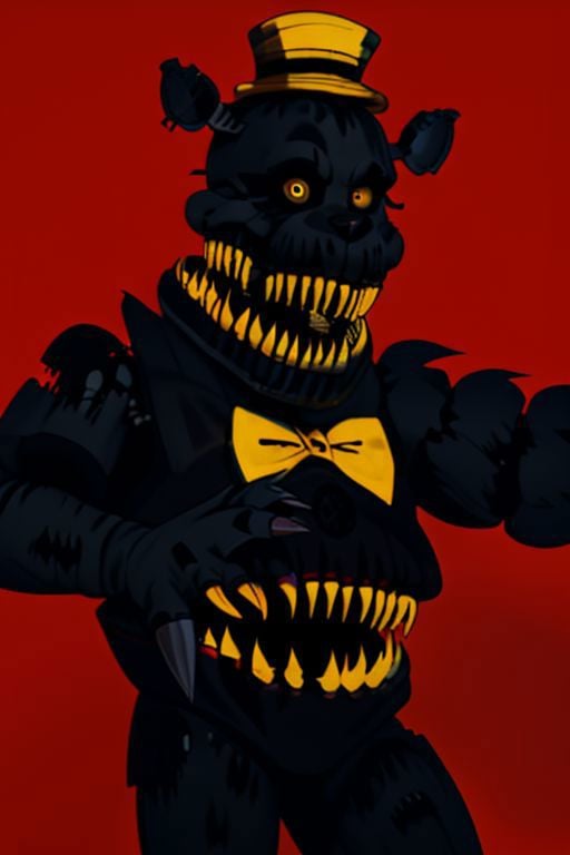 bodyhorror, monster girl, extra mouth, sharp teeth, nightmare, yellow hat, yellow bowtie, black skin, cowboy shot, simple background, red background, outline, arms up