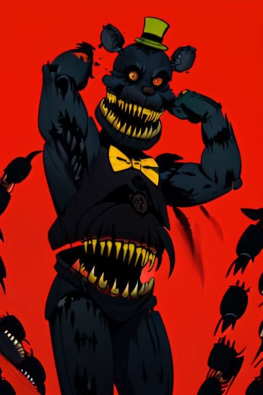 bodyhorror, monster girl, extra mouth, sharp teeth, nightmare, yellow hat, yellow bowtie, black skin, cowboy shot, simple background, red background, outline, arms up