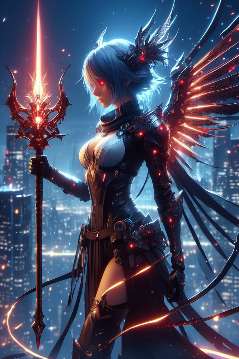 3d render,  minimalism, red eyes, hair ornament, wings, hair , intricately detailed, profile, candle, white blue oragen red, cyberpunk, extra arms, Electric spark, over shoulder, holding Scepter, armor, stable diffusion, 1girl, glowing eyes, boots, cityscape, staff, rain, mask, ghost blade art style, cityskyline, glowing, bug, polearm, gauntlets, holding staff, scythe, science fiction, solo, single hair bun,dark anime