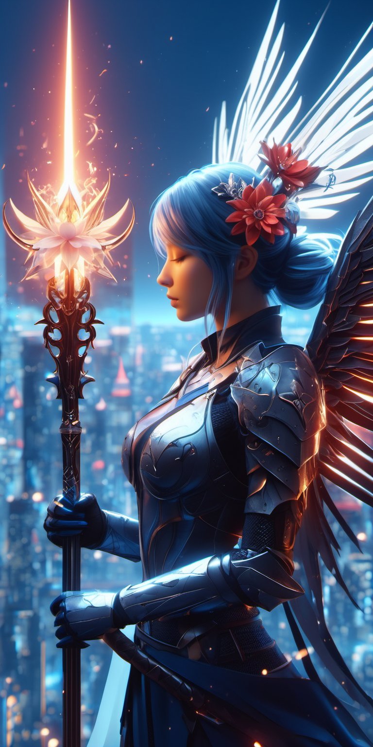 3d render,  minimalism, closed eyes, hair ornament, wings, hair flower, intricately detailed, profile, candle, white blue oragen red, cyberpunk, extra arms, Electric spark, over shoulder, holding Scepter, armor, stable diffusion, 1girl, glowing eyes, boots, cityscape, staff, rain, mask, ghost blade art style, cityskyline, glowing, bug, polearm, gauntlets, holding staff, scythe, science fiction, solo, single hair bun