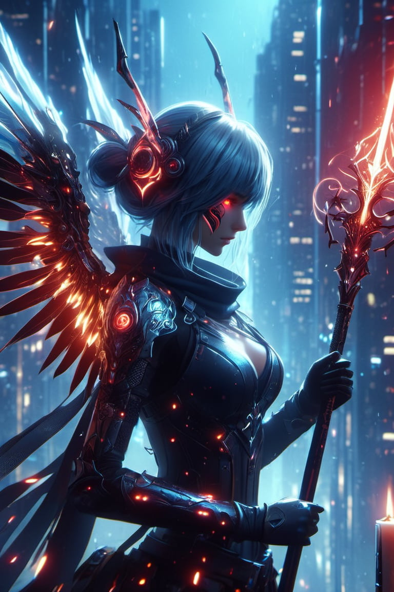 3d render,  minimalism, red eyes, hair ornament, wings, hair , intricately detailed, profile, candle, white blue oragen red, cyberpunk, extra arms, Electric spark, over shoulder, holding Scepter, armor, stable diffusion, 1girl, glowing eyes, boots, cityscape, staff, rain, mask, ghost blade art style, cityskyline, glowing, bug, polearm, gauntlets, holding staff, scythe, science fiction, solo, single hair bun,dark anime