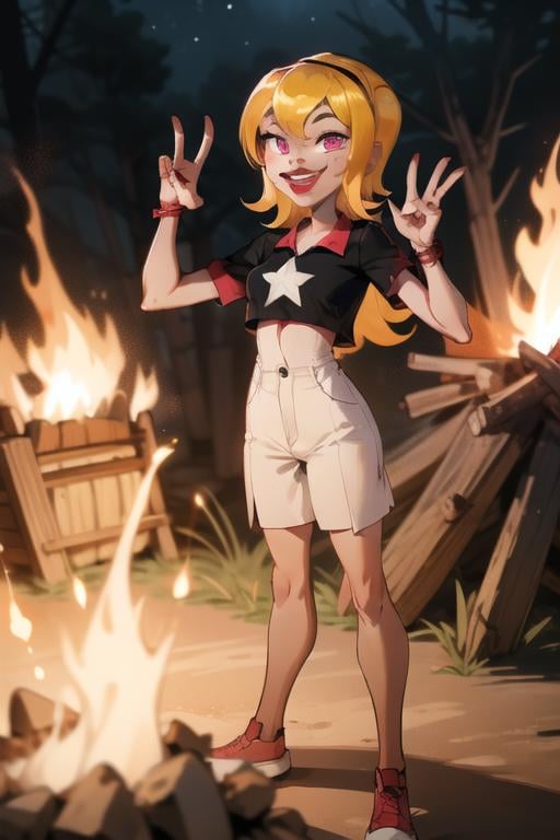 <lora:lucy-10:1> lucy, facing viewer, full body, smiling, peace sign, lipstick, freckles, teeth, grin, campfire lighting, night, masterpiece, best quality