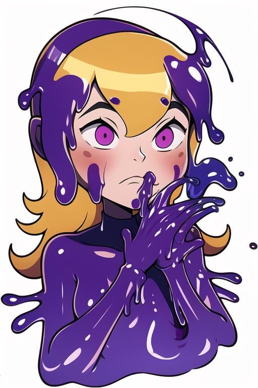<lora:lucy-06:1> lucy, purple slime, covered in purple slime, hands melting into purple slime, face becoming purple slime, sad, masterpiece, best quality