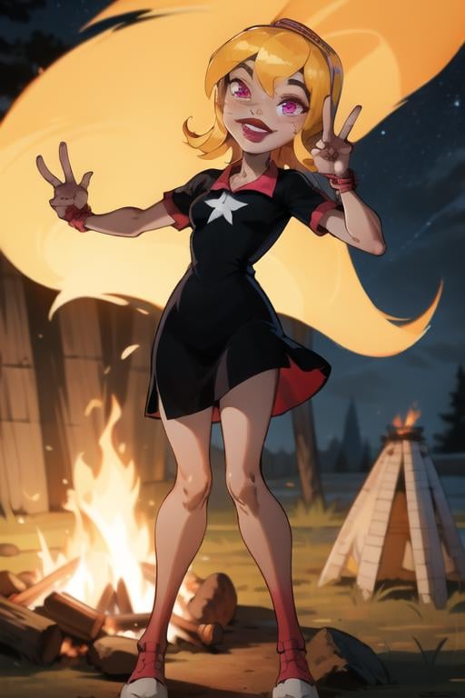 <lora:lucy-10:1> lucy, facing viewer, full body, smiling, peace sign, lipstick, freckles, teeth, grin, campfire lighting, night, black dress, masterpiece, best quality