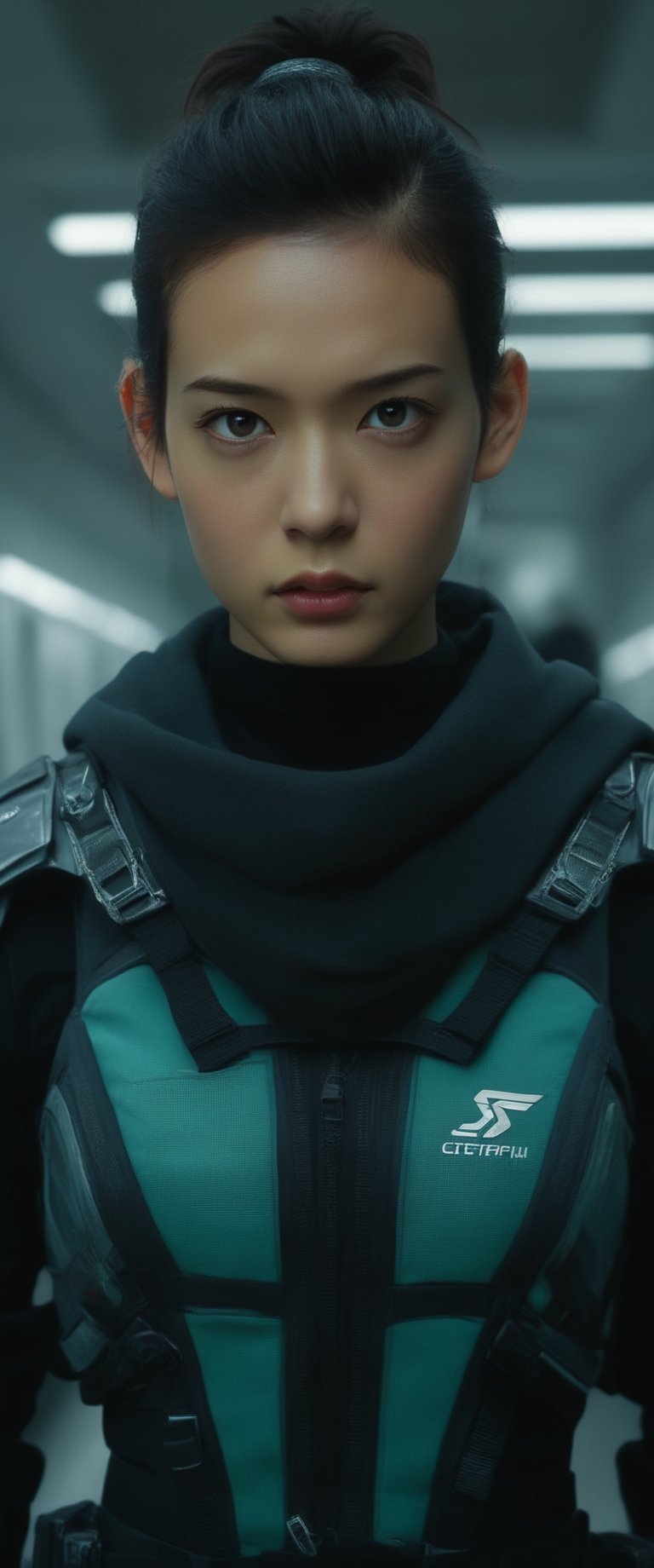 1 young and beautiful girl:1.2)), absurdres, (8k, best quality, masterpiece:1.2), professional photography, dramatic light, (finely detailed face:1.2),(((,, female,official, portrait, modern station  cyberpolice fighter, top quality, highly detailed, intricate, realistic, indoors, Bold Turquoise Silver Green Chartreuse, solarpunk, Crew Cut, Bruneian, masterpiece, Finest details, 8K, HD, HDR, Death Squad, , cowboy shot, perfect face, gorgeous eyes,sooyaaa,cinematic  moviemaker style,ct-jeniiii, ct-fujiii