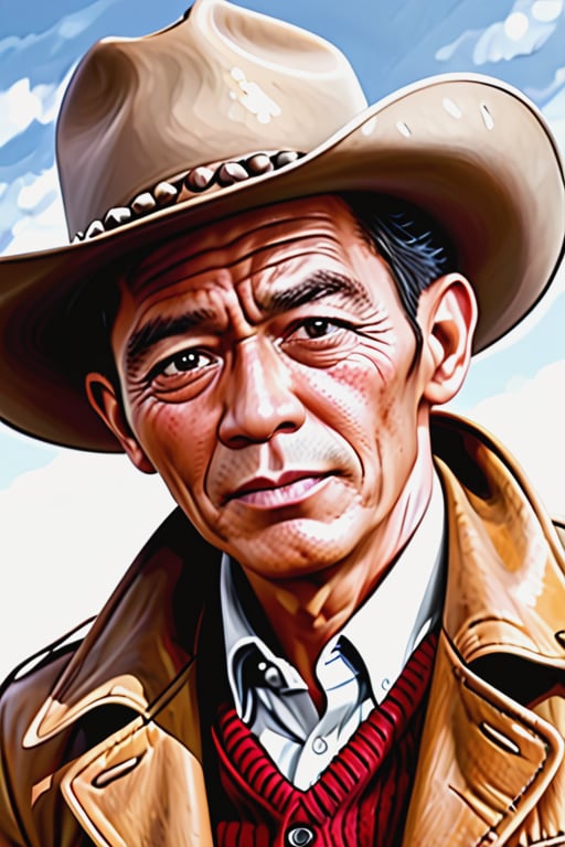 portrait upper body,cowboy hat style, 1940s 1950s, Red and brown, comic art, Realistic scenes, Romanticized Realism Dynamics, black eyes, brown skin,wong-iyas,hyper art extra real ,apex realistic XL,Wong-Tigo,ebesiyasku