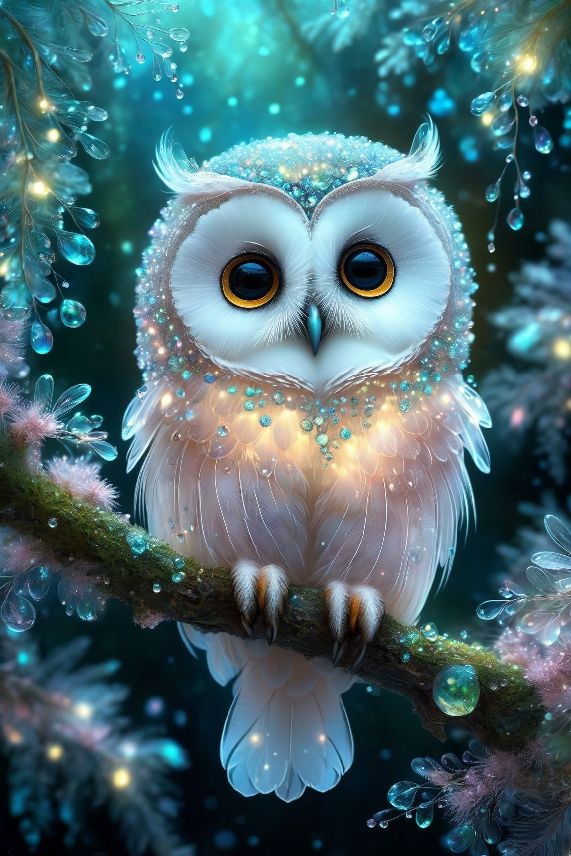 glittering night, cuteness overload, forest background, photography cute transparent ghostly happy dreamy owl sitting on a tree branch filled with detailed tiny mimosa flowers inside fully transparent body, detailed transparent feathers, bioluminescence, leaves, ethereal, ice fairytale fantasy,by Andy Kehoe, water drops, dynamic pose, tender, soft pastel colors
