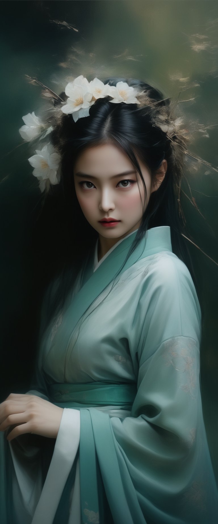 breathtaking  RAW photo of female ((Imagen de una mujer con un vestido verde en un bosque., retrato geisha con flequillo, jingna zhang, heise-lian yan fang, Zhang Daqian, inspirado en Li Mei Shu, palacio , una chica en hanfu, retrato de pintura , retrato de Sadako del Anillo, retrato de un mago del bosque, inspirado en Zhou Wenjing

 )), dark and moody style, perfect face, outstretched perfect hands . masterpiece, professional, award-winning, intricate details, ultra high detailed, 64k, dramatic light, volumetric light, dynamic lighting, Epic, splash art .. ), by james jean $, roby dwi antono $, ross tran $. francis bacon $, michal mraz $, adrian ghenie $, petra cortright $, gerhard richter $, takato yamamoto $, ashley wood, tense atmospheric, , , , sooyaaa,IMGFIX,Comic Book-Style,Movie Aesthetic,action shot,photo r3al,bad quality image,oil painting, cinematic moviemaker style,Japan Vibes,H effect,koh_yunjung ,koh_yunjung,kwon-nara,sooyaaa,colorful,bones,skulls,armor,han-hyoju-xl
,DonMn1ghtm4reXL, ct-fujiii,ct-jeniiii,more detail XL