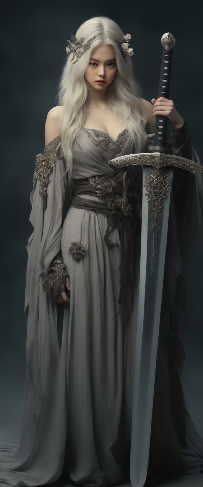 woman in a black robe holding a sword and a rose bush., white-haired deity, beautiful elf in ornate robes, she is holding a sword, ornate Korean polearm behind her, long sword in her hand, holding a sword in her shoulder, holy sword in her hands, with long white hair, long silver hair with a flower, ornate cosplay,koh_yunjung,IMGFIX,extremely detailed,sooyaaa,ct-jeniiii