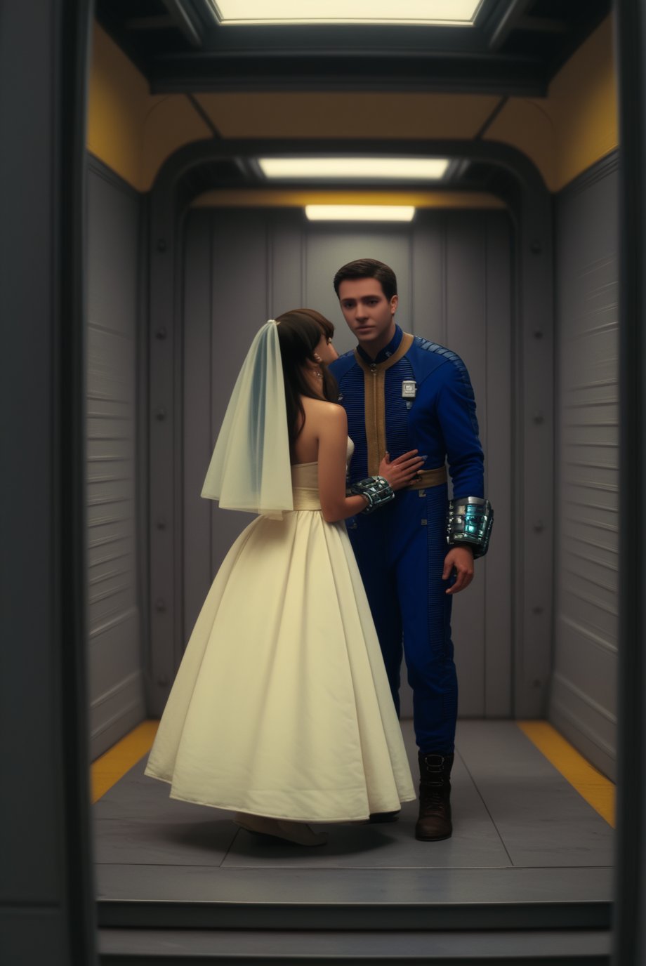 score_9,score_8_up, score_7_up, score_6_up, score_5_up, score_4_up,hyper realism, photo realistic, 8k, digital slr, falloutcinematic, wedding dress, veil, vault dweller jumpsuit, 1boy, 1girl, wedding dress, in Vault Door interior, indoors, , dress, realistic,,<lora:659095807385103906:1.0>