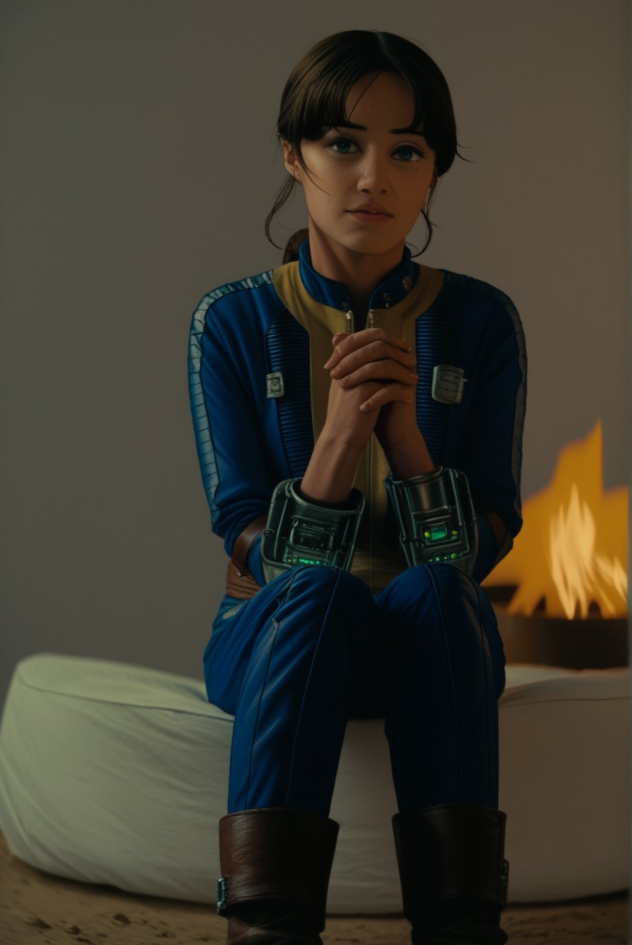 score_9,score_8_up, score_7_up, score_6_up, score_5_up, score_4_up,hyper realism, photo realistic, 8k, digital slr, falloutcinematic, Lucy MacLean, solo, sitting, vault dweller jumpsuit, boots, own hands together, realistic, short hair, retro futurism, wearing glowing pip-boy, dusk, looking at viewer, seated, in wasteland, bokeh background, campfire lighting, , 1girl, realistic,<lora:659095807385103906:1.0>
